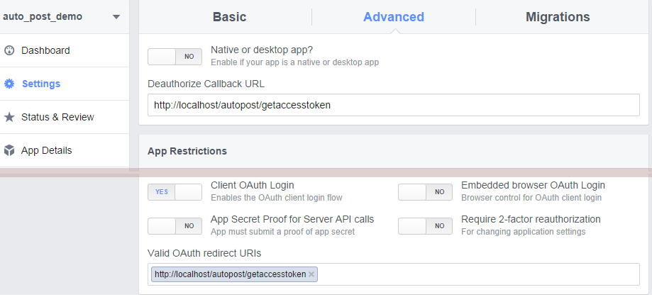 Facebook App Advanced Settings